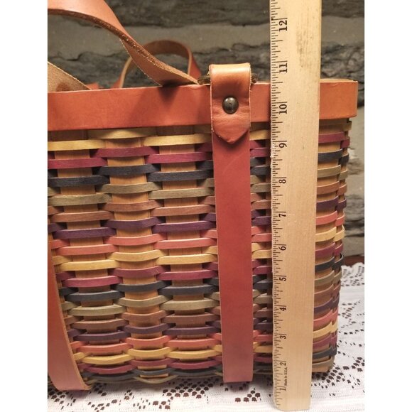 Rare 2008 Longaberger Signature Weave Multicolored Basket Tote Sturdy Leather - Picture 9 of 10